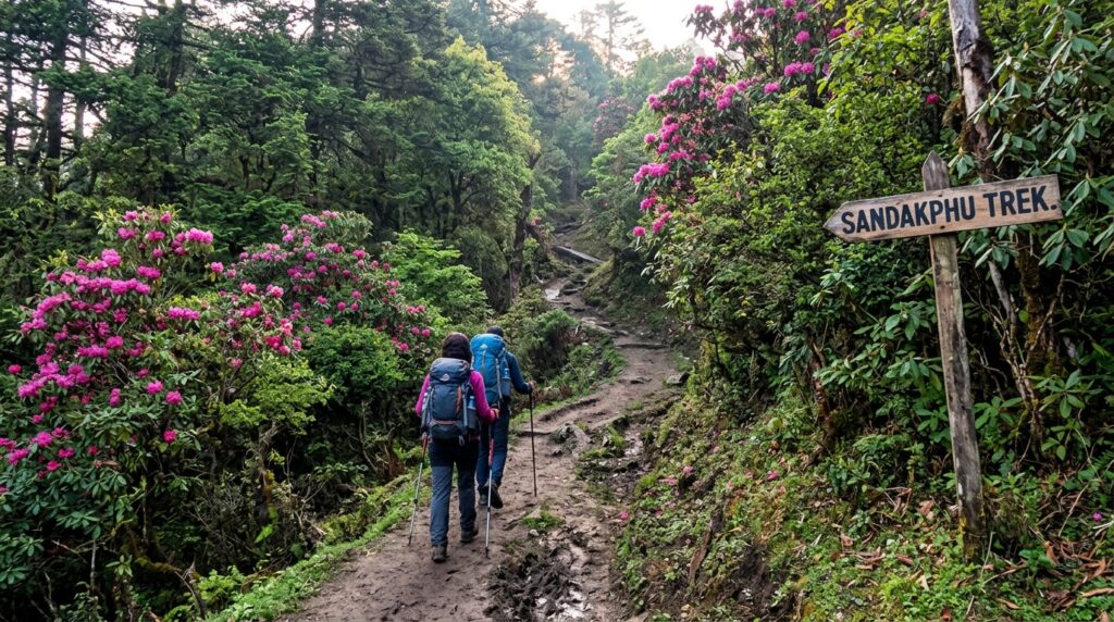 Trekkers walking on the Sandakphu trek trail in Darjeeling