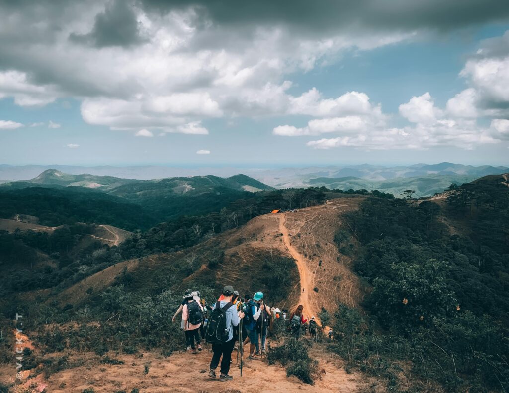 Trekkers hiking along the scenic ridge trail during the Sandakphu Trek in West Bengal